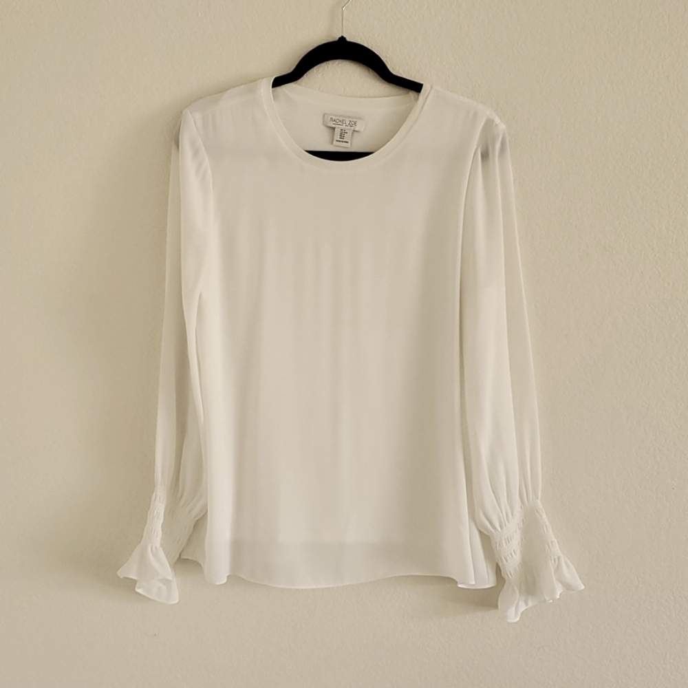 Rachel Zoe White Long Sleeve Blouse with Ruched Wrists Size Medium
